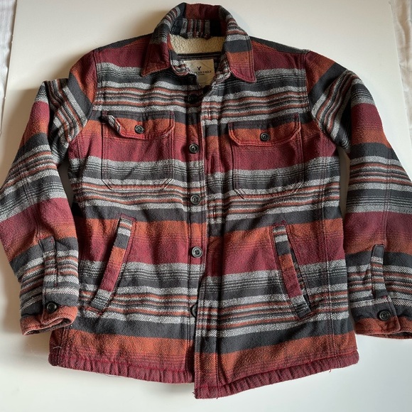American Eagle Men’s Sherpa Shacket Red Orange Black Gray Striped Size M EUC - Picture 1 of 10